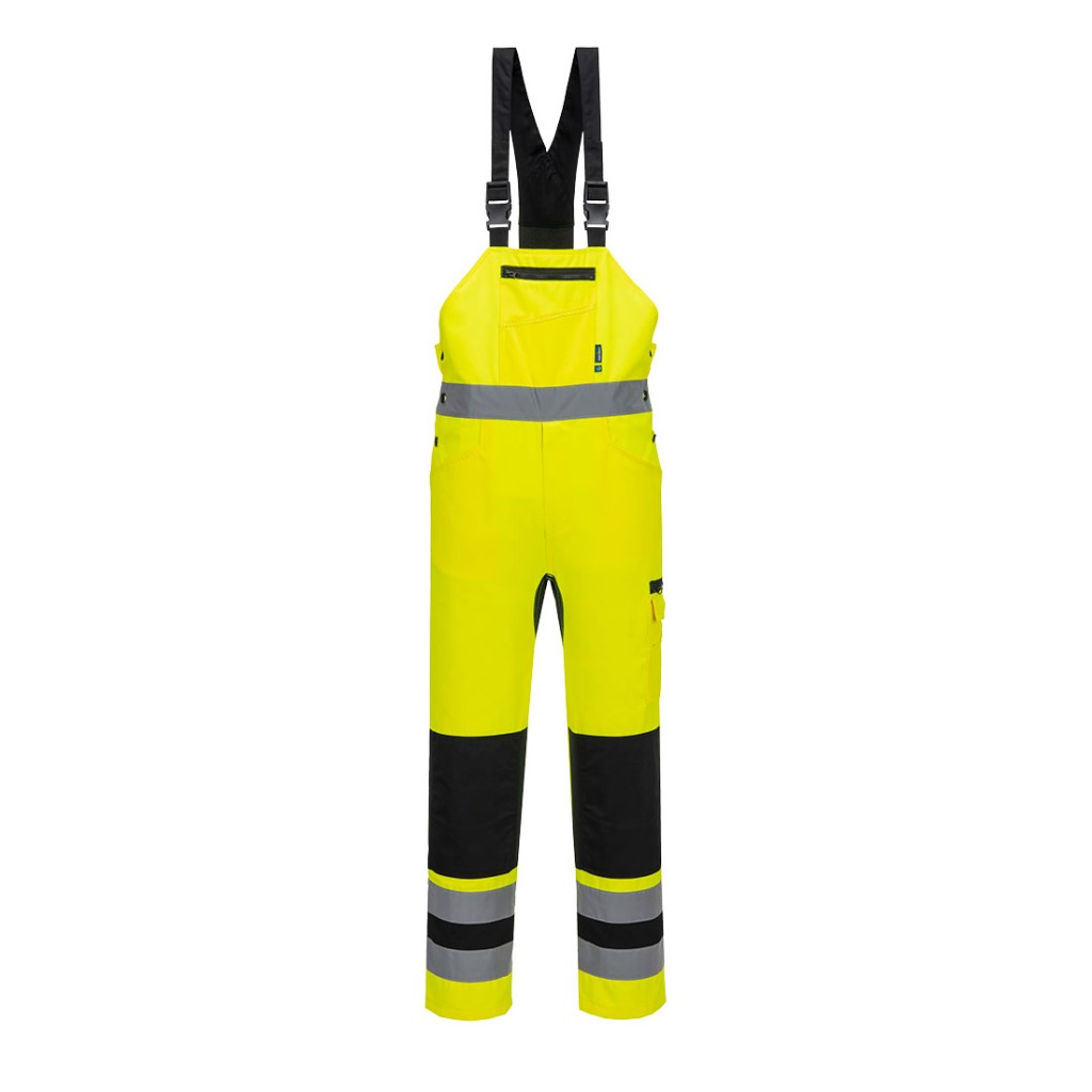 A high-visibility yellow bib-and-brace overalls featuring retroreflective tape panels, suitable for a wide range of outdoor and site work applications.