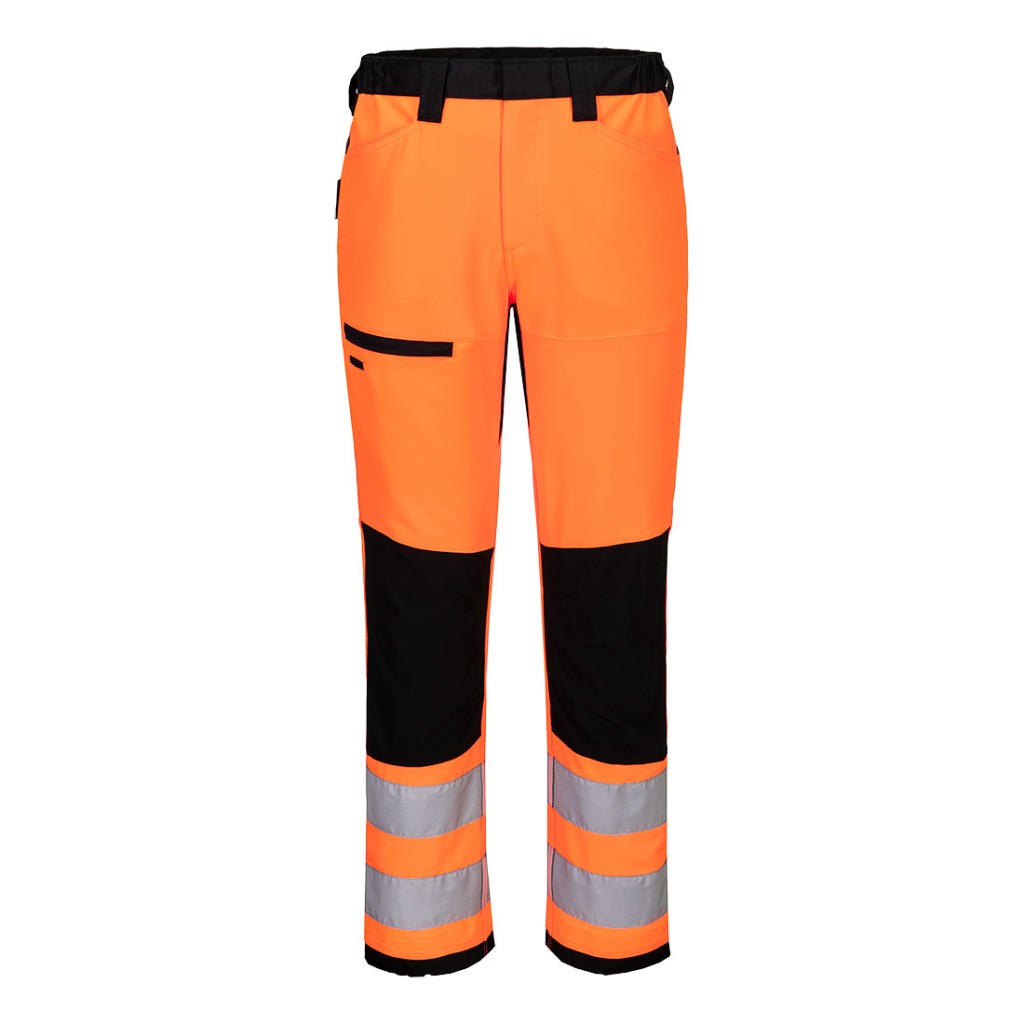 A pair of high-visibility orange trousers featuring retroreflective tape panels, suitable for a wide range of outdoor and site work applications.