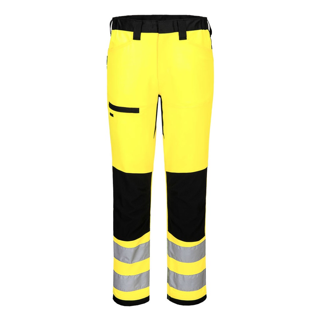 A pair of high-visibility yellow trousers featuring retroreflective tape panels, suitable for a wide range of outdoor and site work applications.