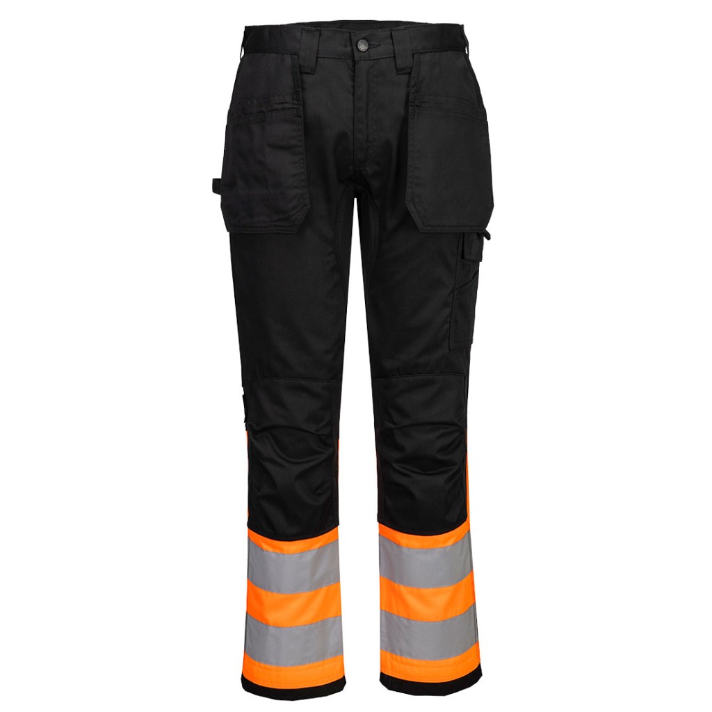 A pair of high-visibility orange trousers featuring retroreflective tape panels, suitable for a wide range of outdoor and site work applications.