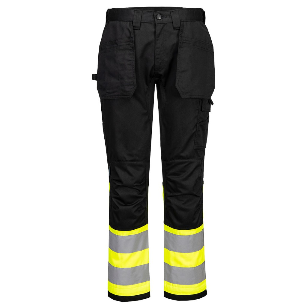 A pair of high-visibility yellow trousers featuring retroreflective tape panels, suitable for a wide range of outdoor and site work applications.