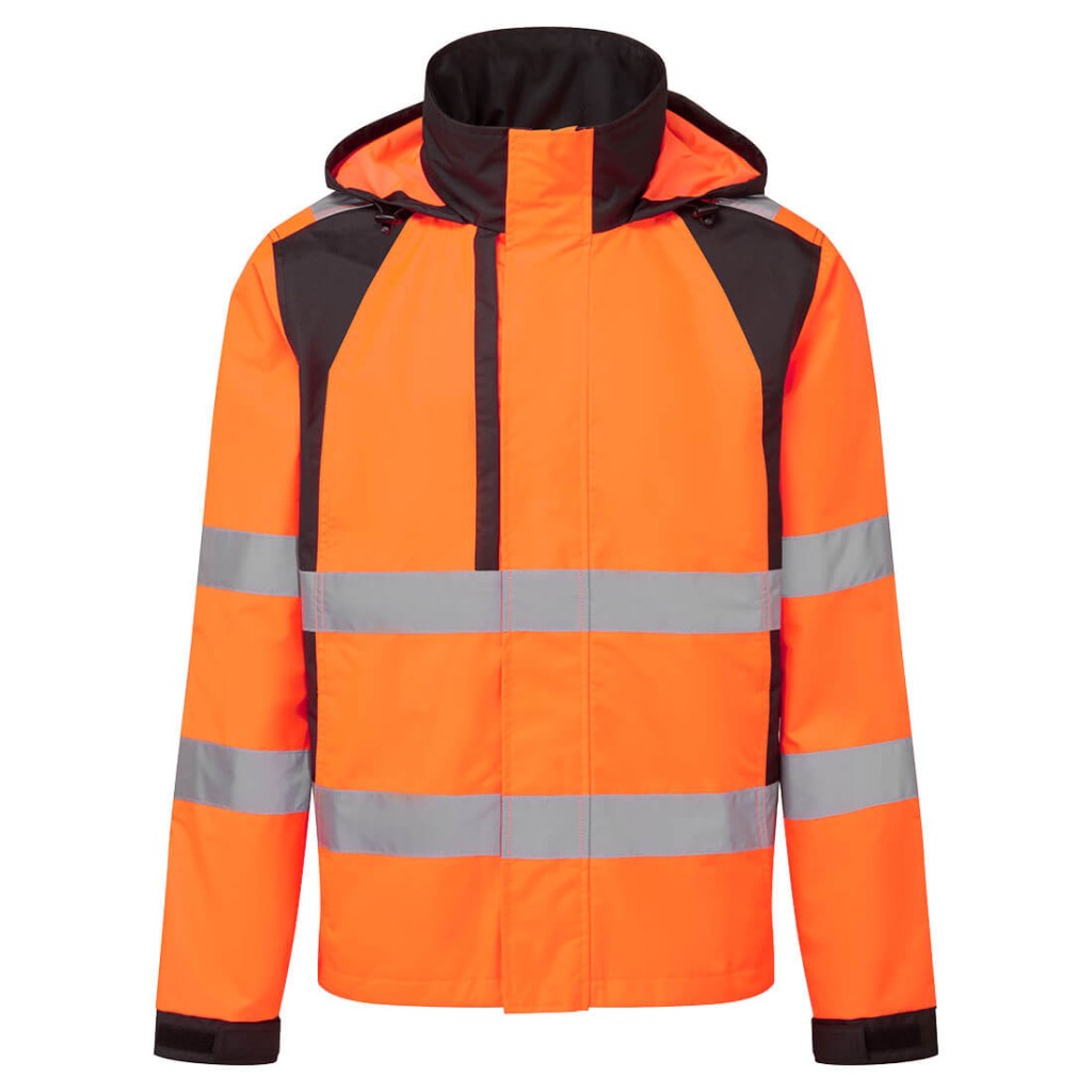 A high-visibility orange waterproof jacket featuring retroreflective tape panels, suitable for a wide range of outdoor and site work applications.