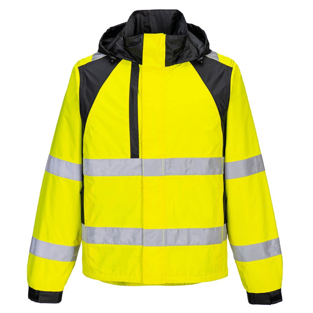 A high-visibility yellow waterproof jacket featuring retroreflective tape panels, suitable for a wide range of outdoor and site work applications.