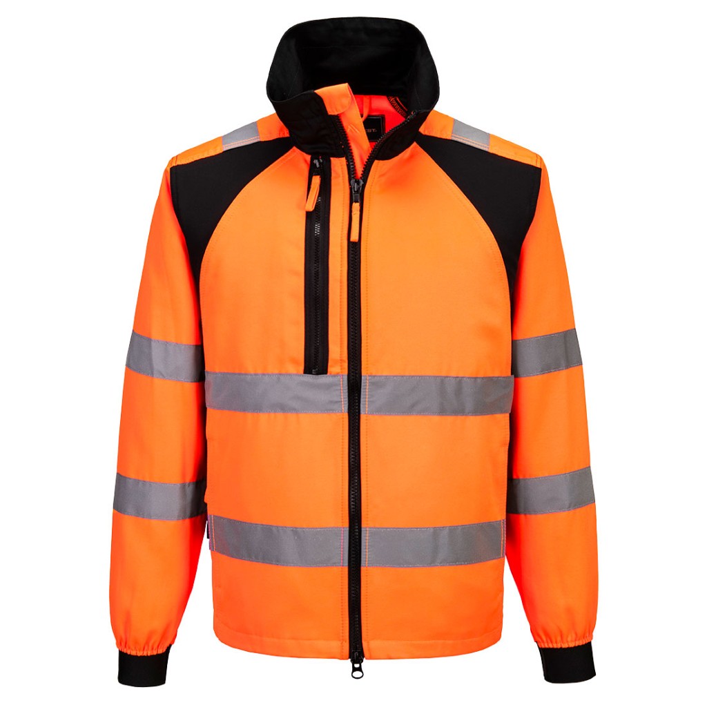A high-visibility orange jacket featuring retroreflective tape panels, suitable for a wide range of outdoor and site work applications.