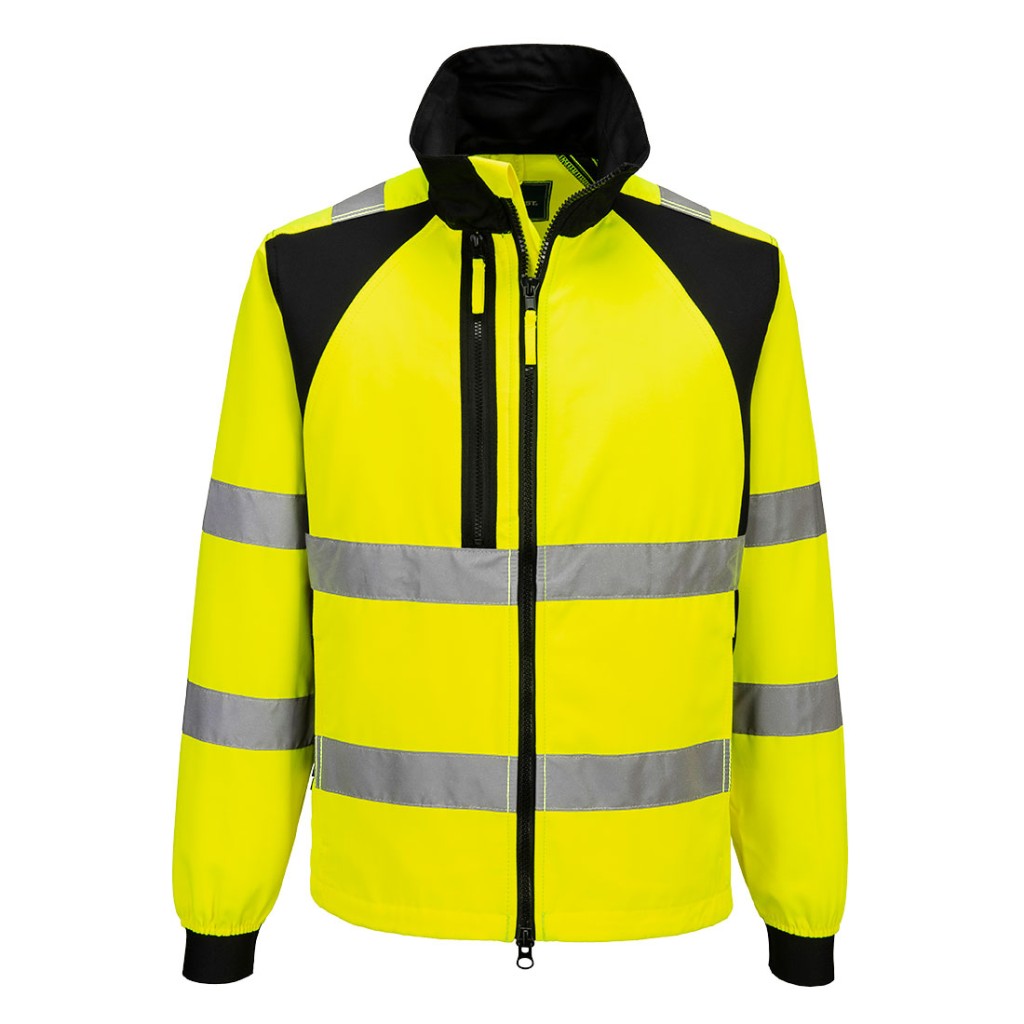A high-visibility yellow jacket featuring retroreflective tape panels, suitable for a wide range of outdoor and site work applications.