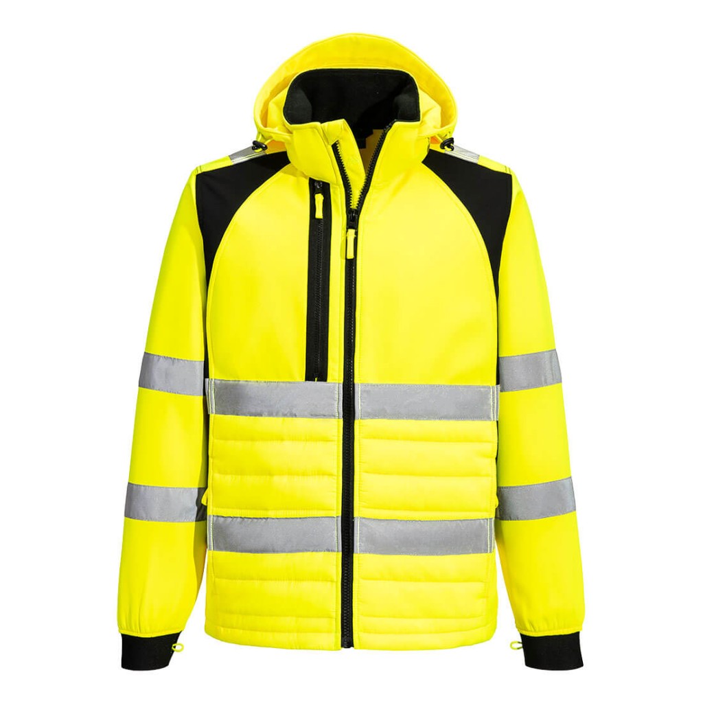 A high-visibility yellow jacket featuring retroreflective tape panels, suitable for a wide range of outdoor and site work applications.
