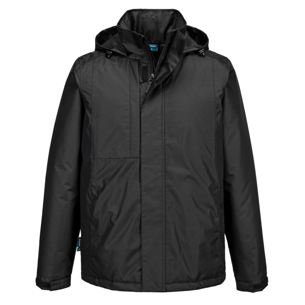A black jacket designed for use on construction sites and in industrial work environments.,