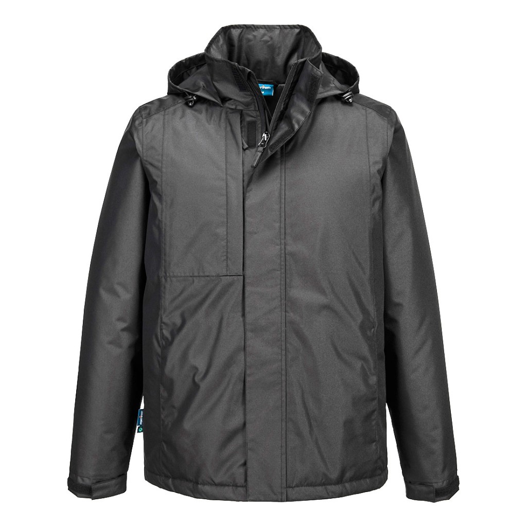 A grey jacket designed for use on construction sites and in industrial work environments.,