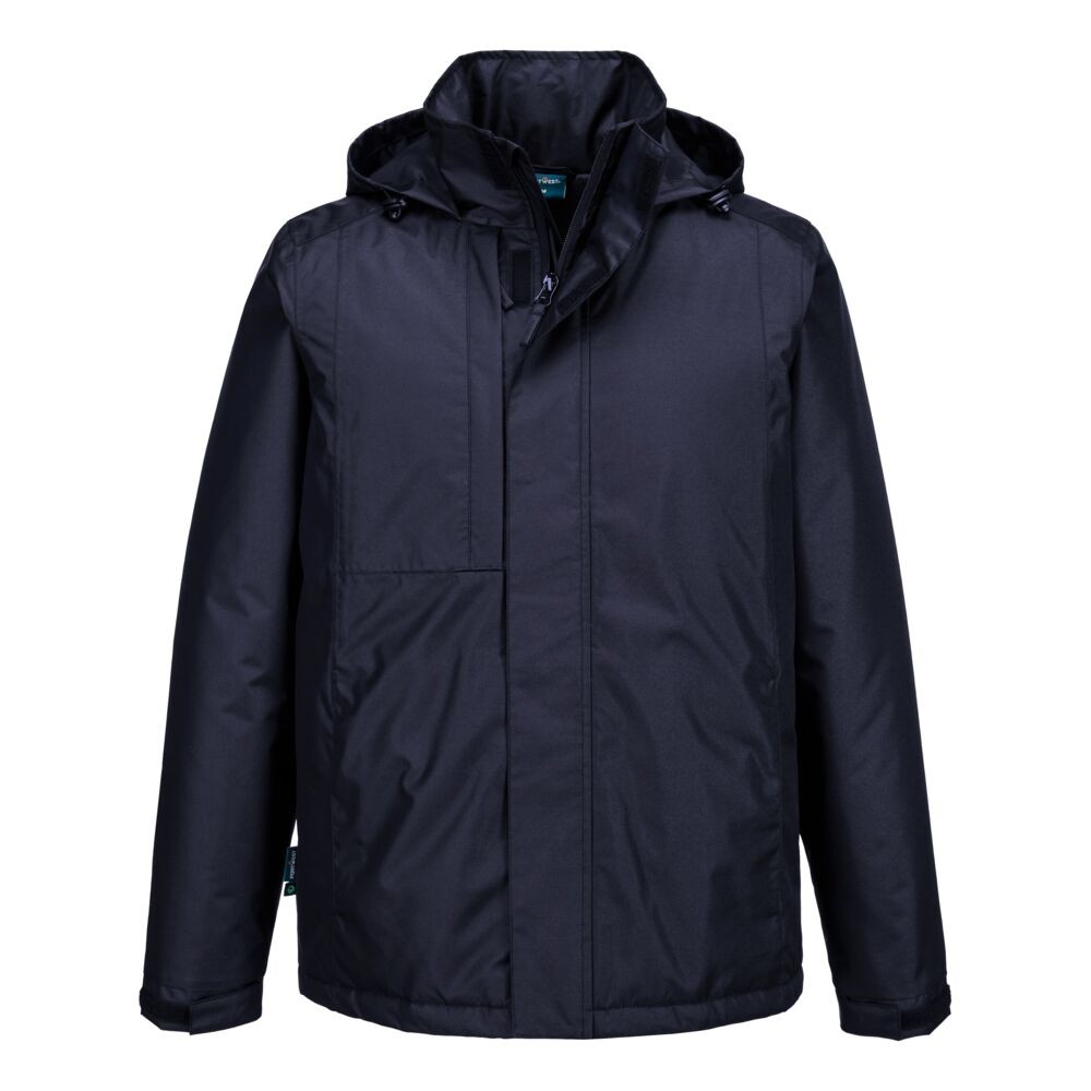 A navy blue jacket designed for use on construction sites and in industrial work environments.,