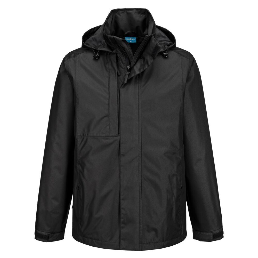 A black waterproof jacket designed for use on construction sites and in industrial work environments.,