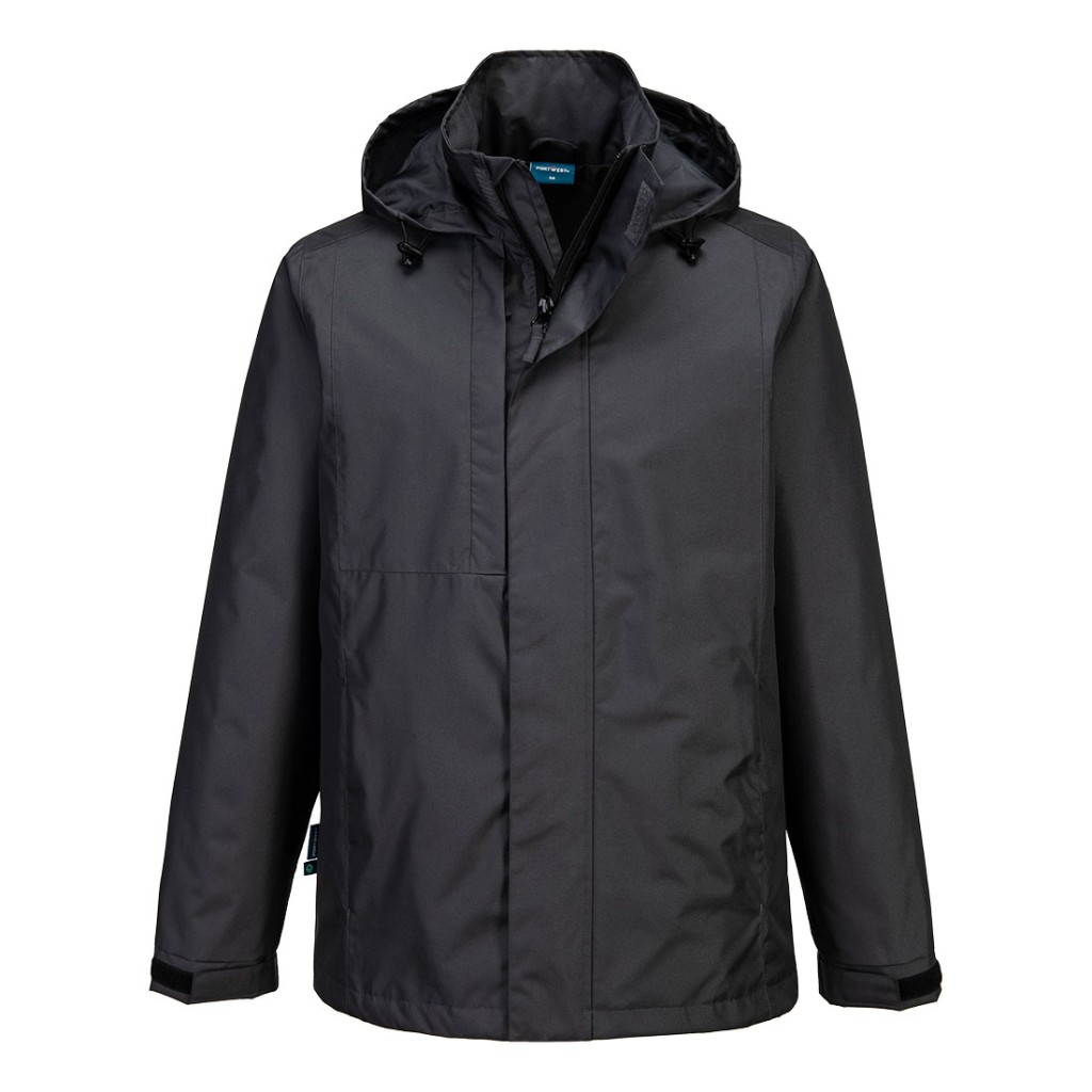 A grey waterproof jacket designed for use on construction sites and in industrial work environments.,