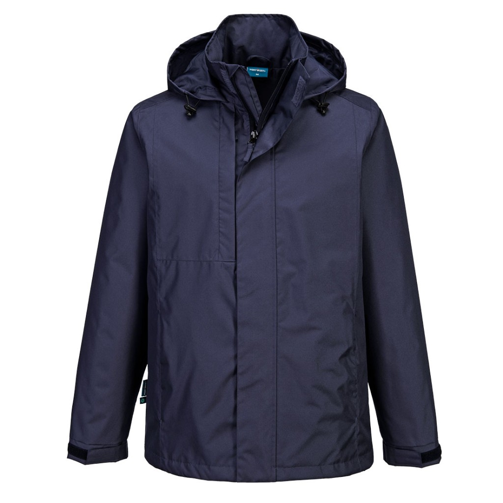 A navy blue waterproof jacket designed for use on construction sites and in industrial work environments.,