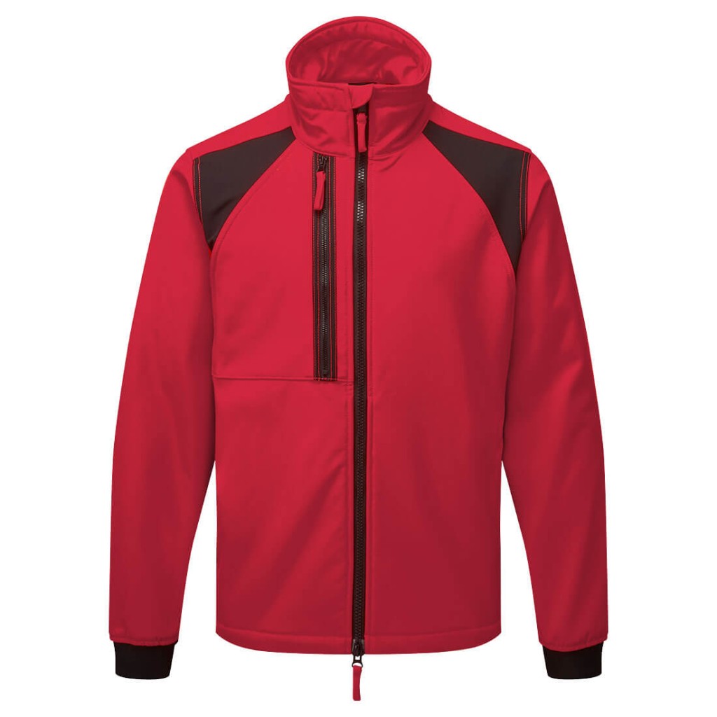 A red workwear garment designed for use on construction sites and in industrial work environments.,