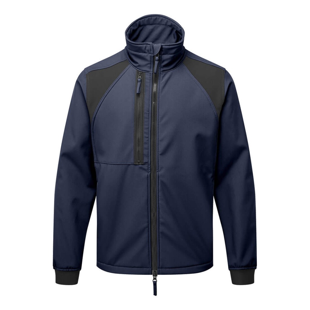 A navy blue workwear garment designed for use on construction sites and in industrial work environments.,