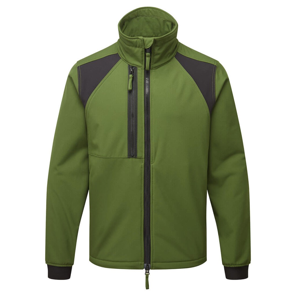 A green workwear garment designed for use on construction sites and in industrial work environments.,