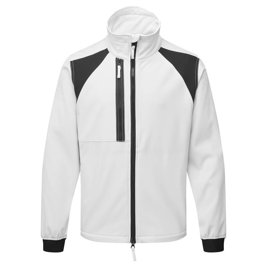 A white workwear garment designed for use on construction sites and in industrial work environments.,