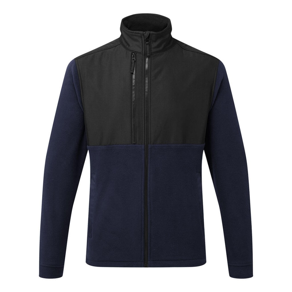 A navy blue workwear garment designed for use on construction sites and in industrial work environments.,