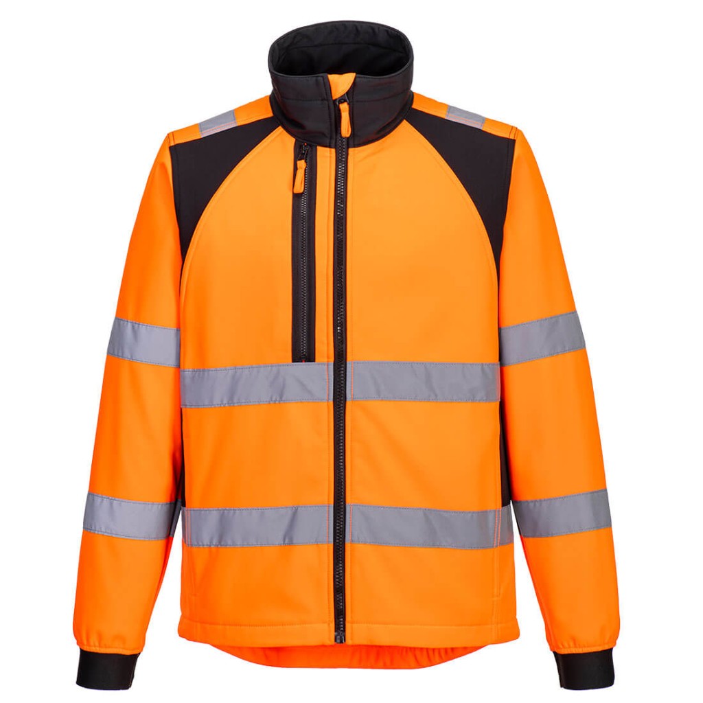 A high-visibility orange workwear garment featuring retroreflective tape panels, suitable for a wide range of outdoor and site work applications.