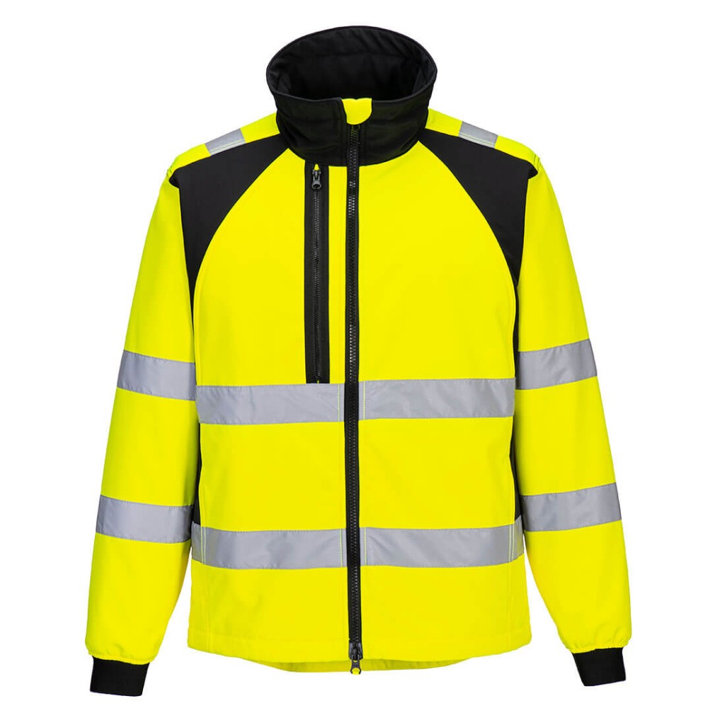 A high-visibility yellow workwear garment featuring retroreflective tape panels, suitable for a wide range of outdoor and site work applications.
