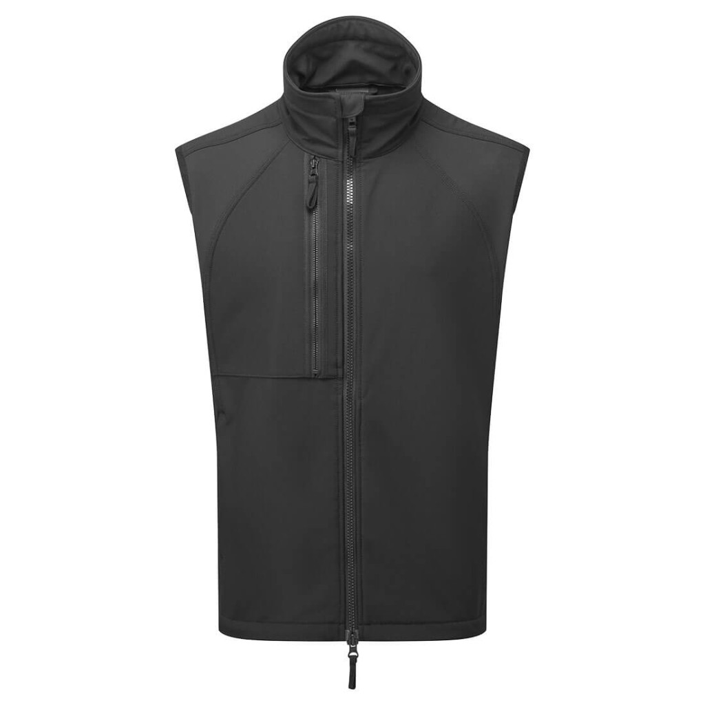 A black workwear garment designed for use on construction sites and in industrial work environments.,