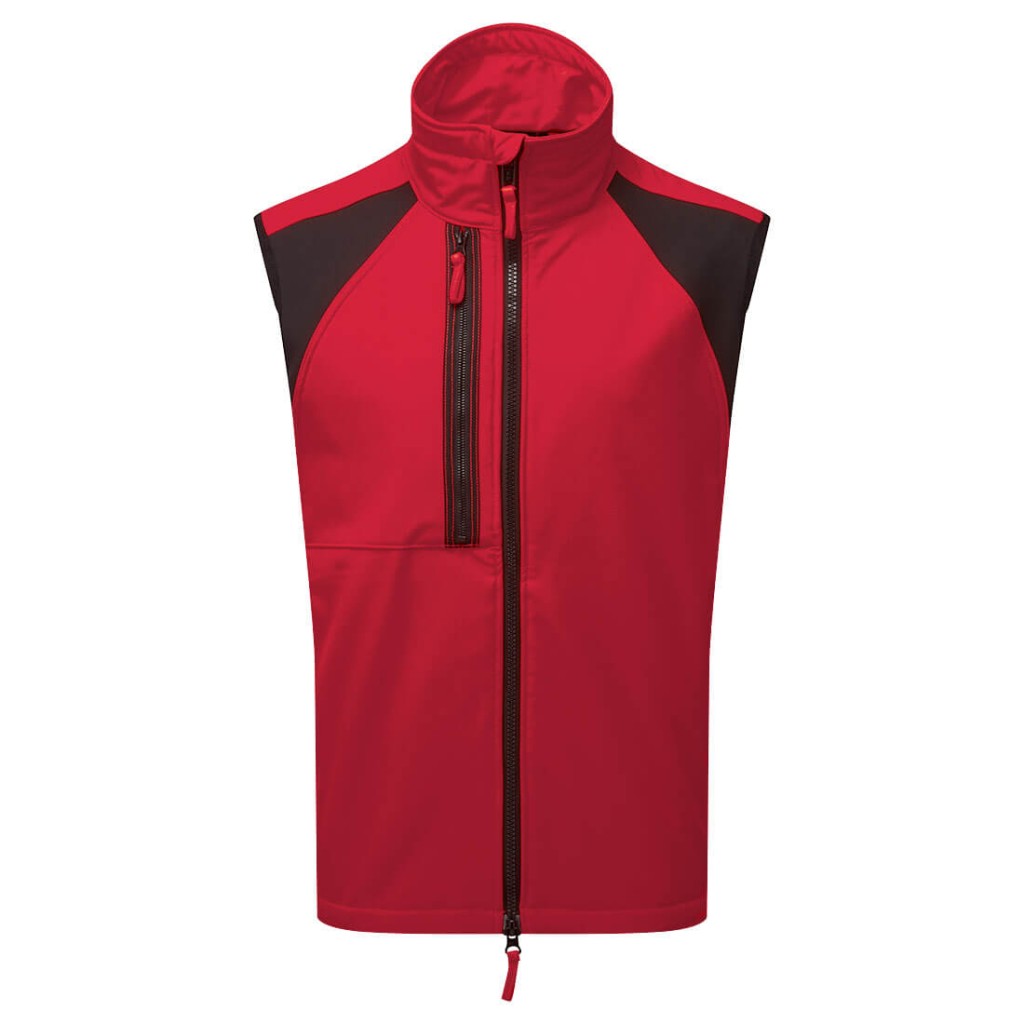 A red workwear garment designed for use on construction sites and in industrial work environments.,