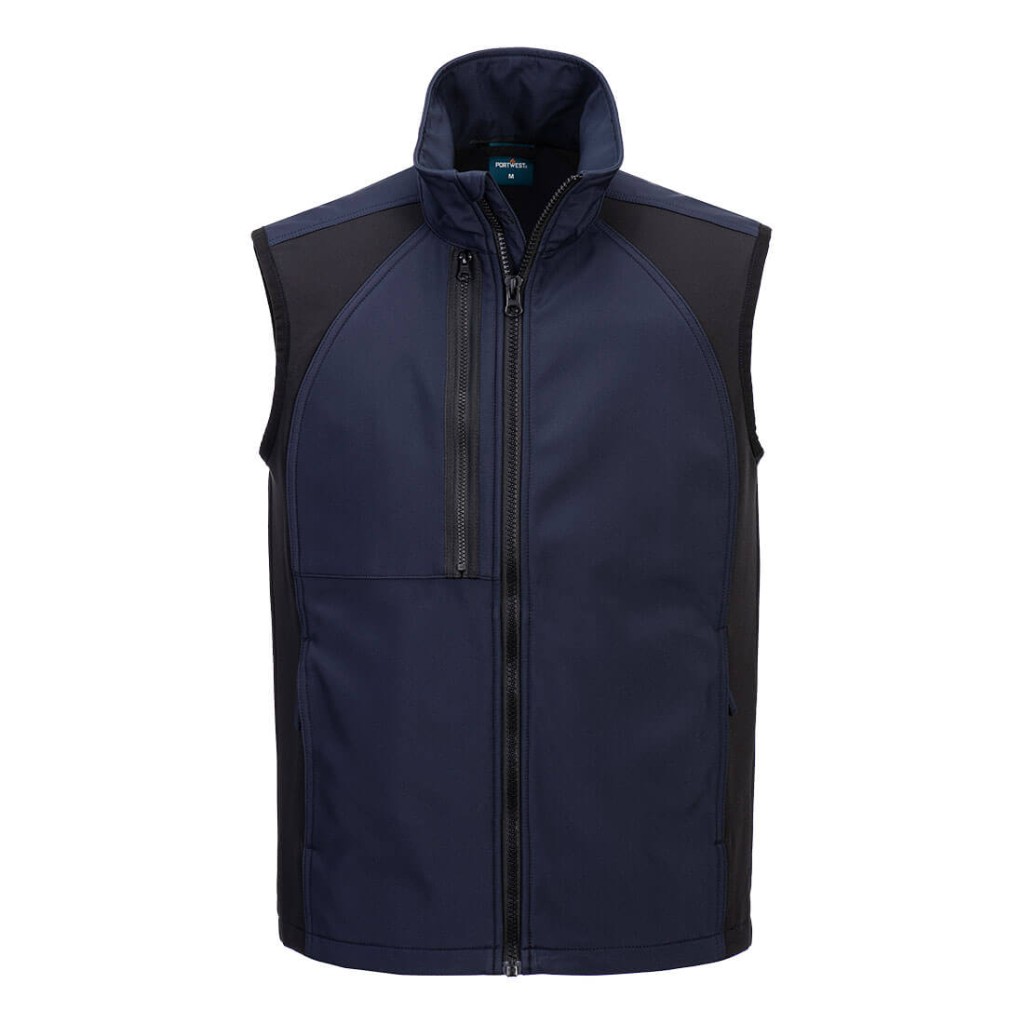A navy blue workwear garment designed for use on construction sites and in industrial work environments.,