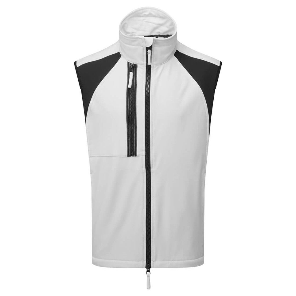 A white workwear garment designed for use on construction sites and in industrial work environments.,