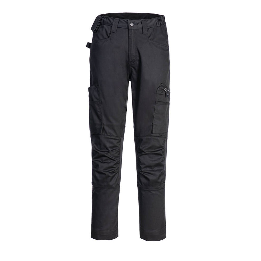 A pair of black work trousers featuring stretch panels for ease of movement, suitable for a wide range of outdoor and site work applications.