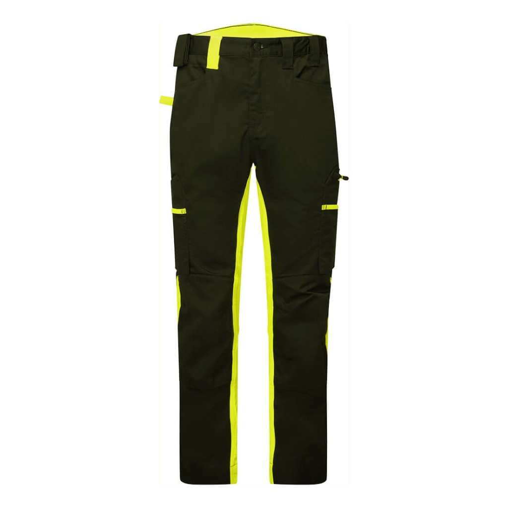 A pair of black work trousers featuring stretch panels for ease of movement, suitable for a wide range of outdoor and site work applications.