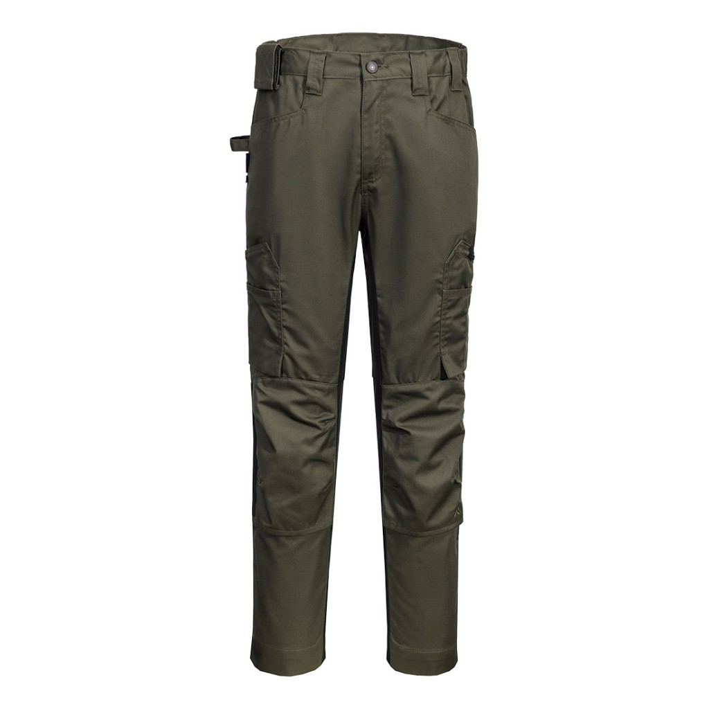 A pair of work trousers featuring stretch panels for ease of movement, suitable for a wide range of outdoor and site work applications.