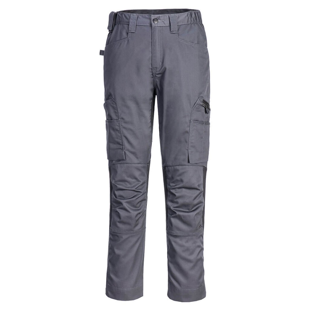 A pair of grey work trousers featuring stretch panels for ease of movement, suitable for a wide range of outdoor and site work applications.