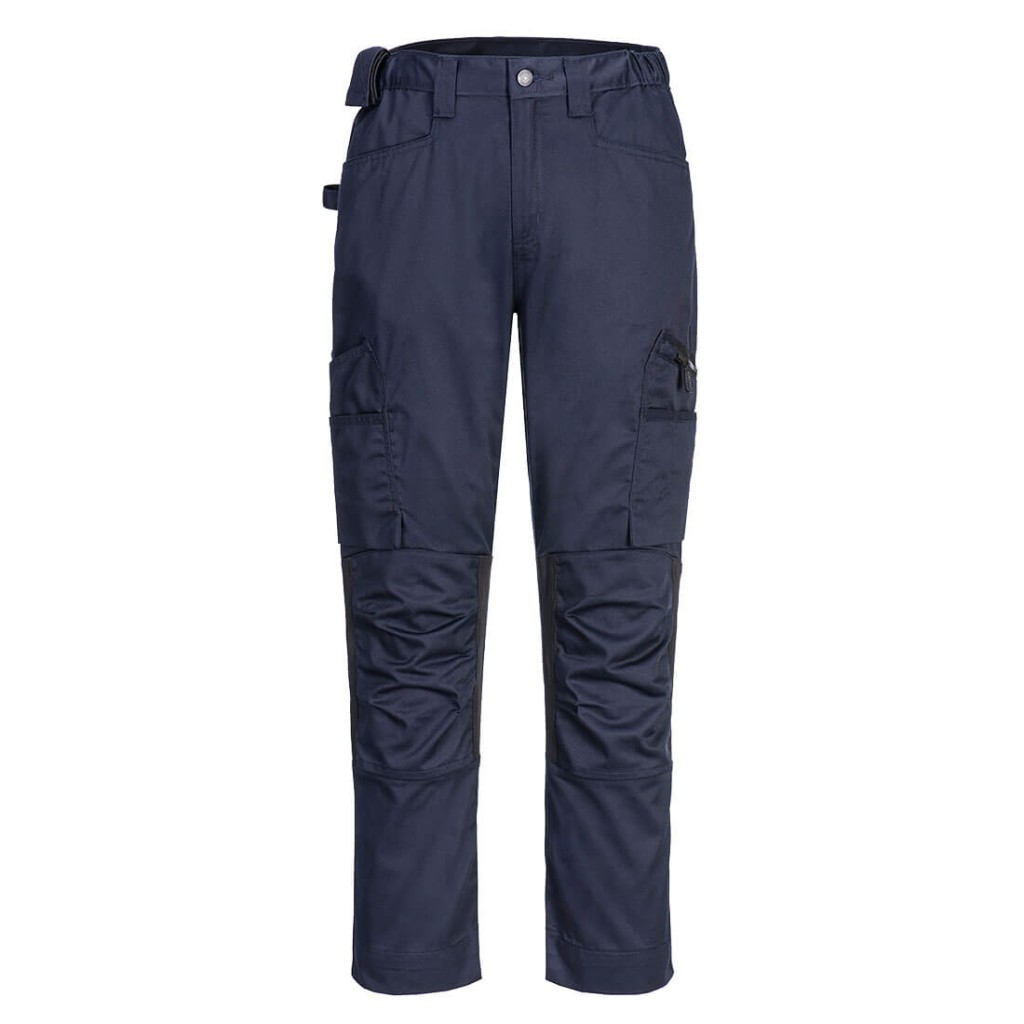 A pair of navy blue work trousers featuring stretch panels for ease of movement, suitable for a wide range of outdoor and site work applications.