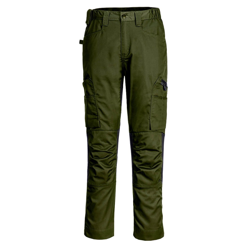 A pair of green work trousers featuring stretch panels for ease of movement, suitable for a wide range of outdoor and site work applications.