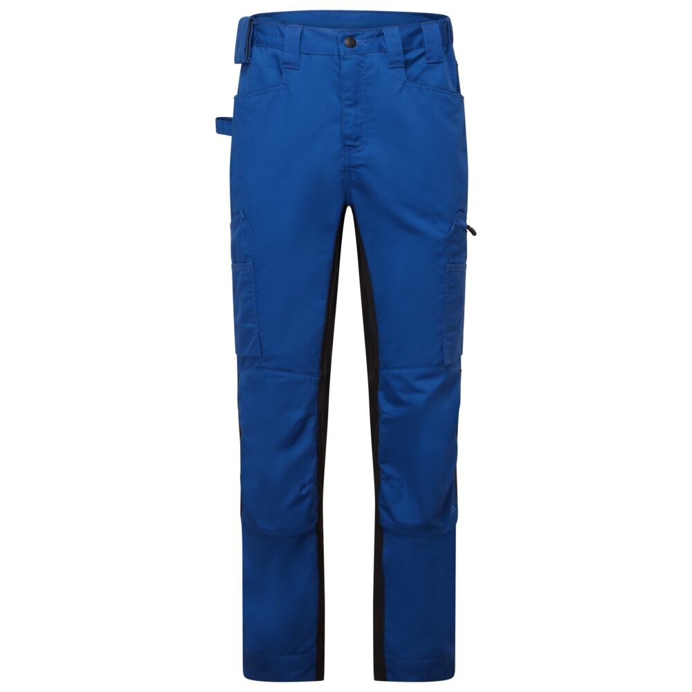 A pair of blue work trousers featuring stretch panels for ease of movement, suitable for a wide range of outdoor and site work applications.