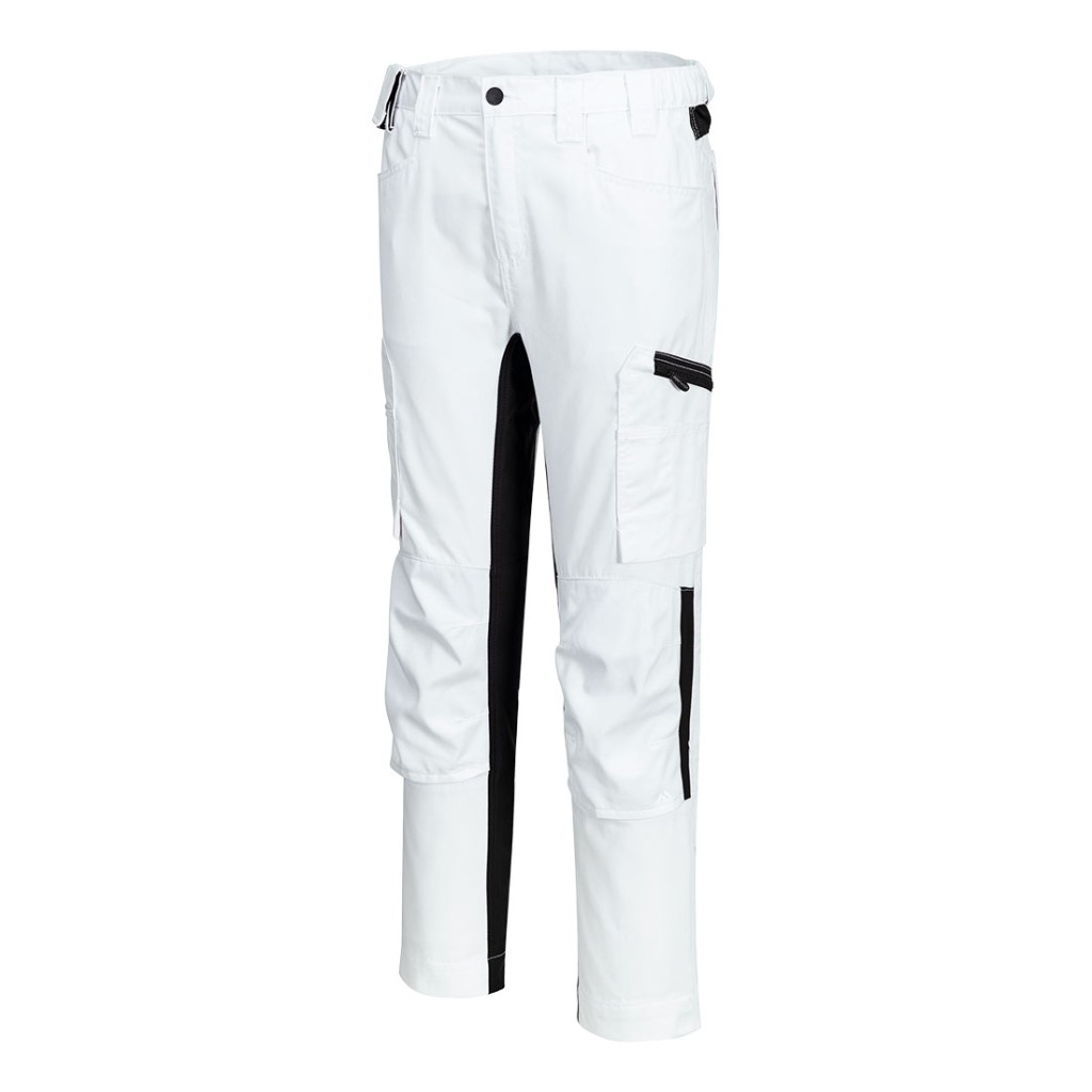 A pair of white work trousers featuring stretch panels for ease of movement, suitable for a wide range of outdoor and site work applications.