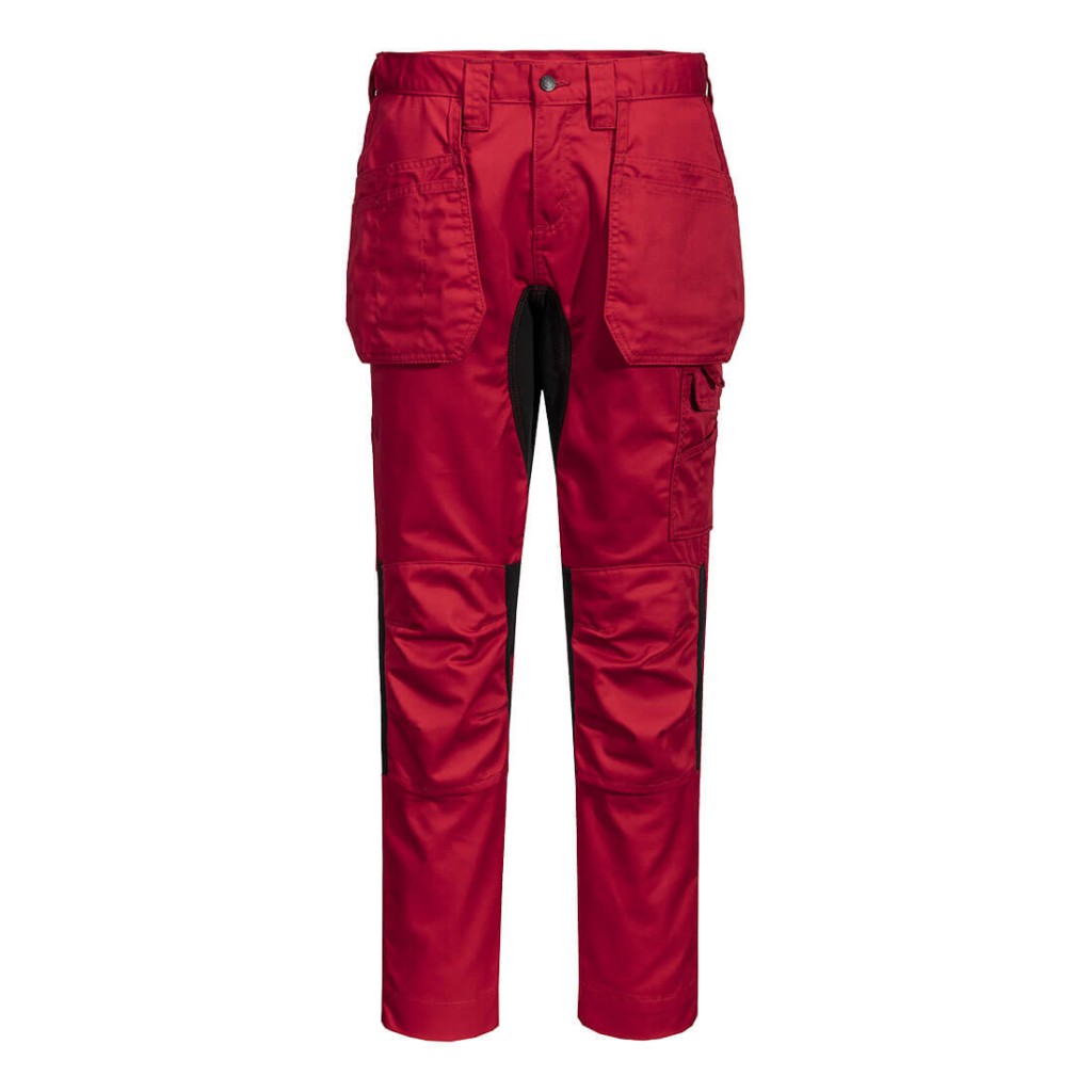 A pair of red work trousers featuring stretch panels for ease of movement, suitable for a wide range of outdoor and site work applications.