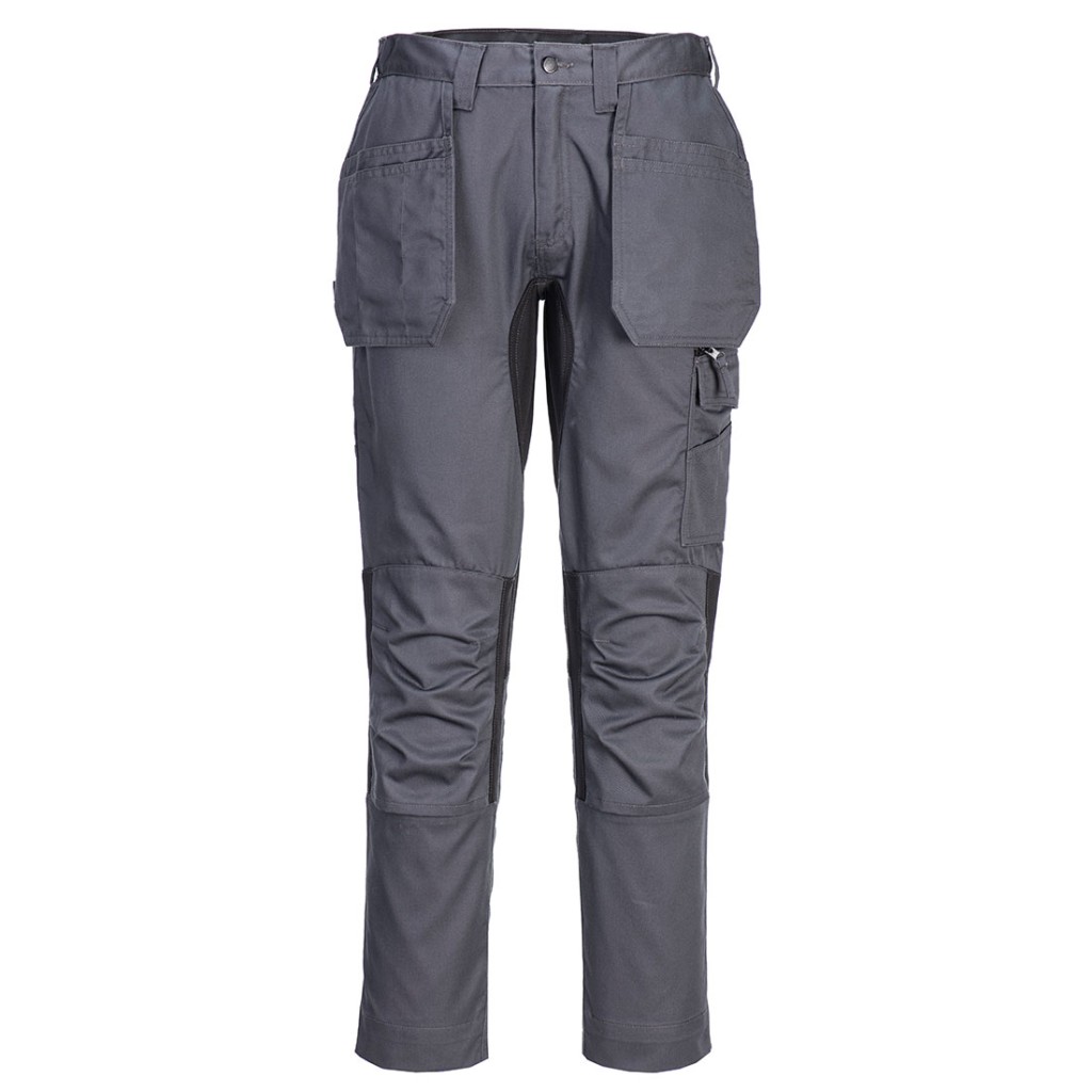 A pair of grey work trousers featuring stretch panels for ease of movement, suitable for a wide range of outdoor and site work applications.