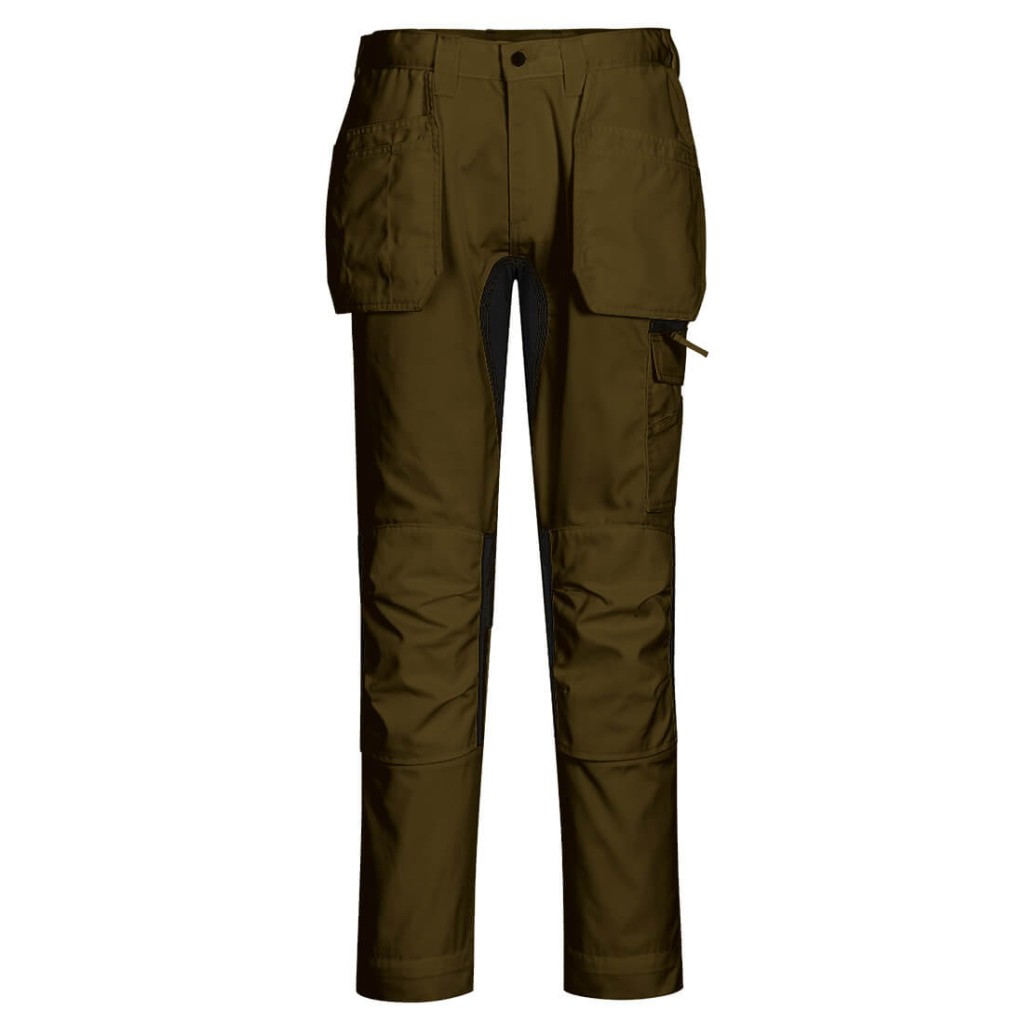 A pair of green work trousers featuring stretch panels for ease of movement, suitable for a wide range of outdoor and site work applications.