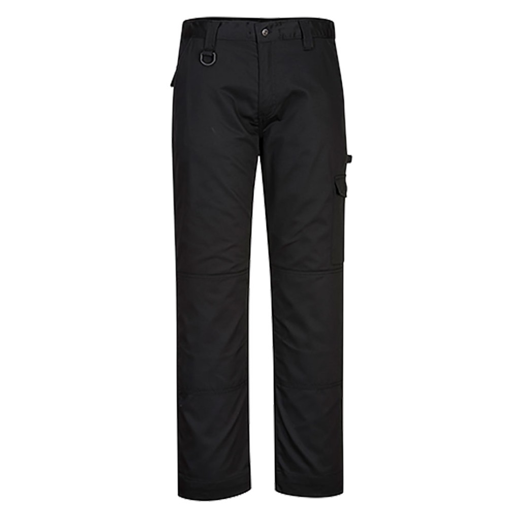 A pair of black work trousers designed for use on construction sites and in industrial work environments.,