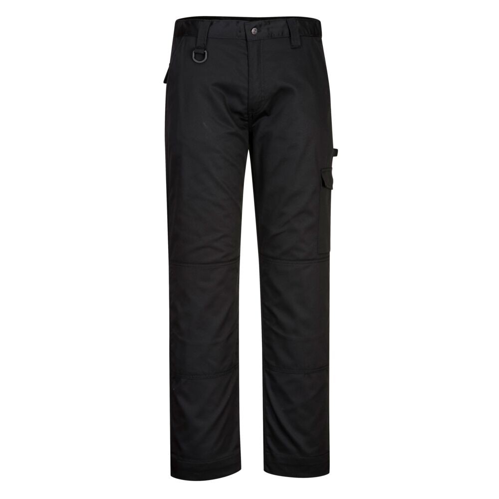 A pair of black work trousers designed for use on construction sites and in industrial work environments.,