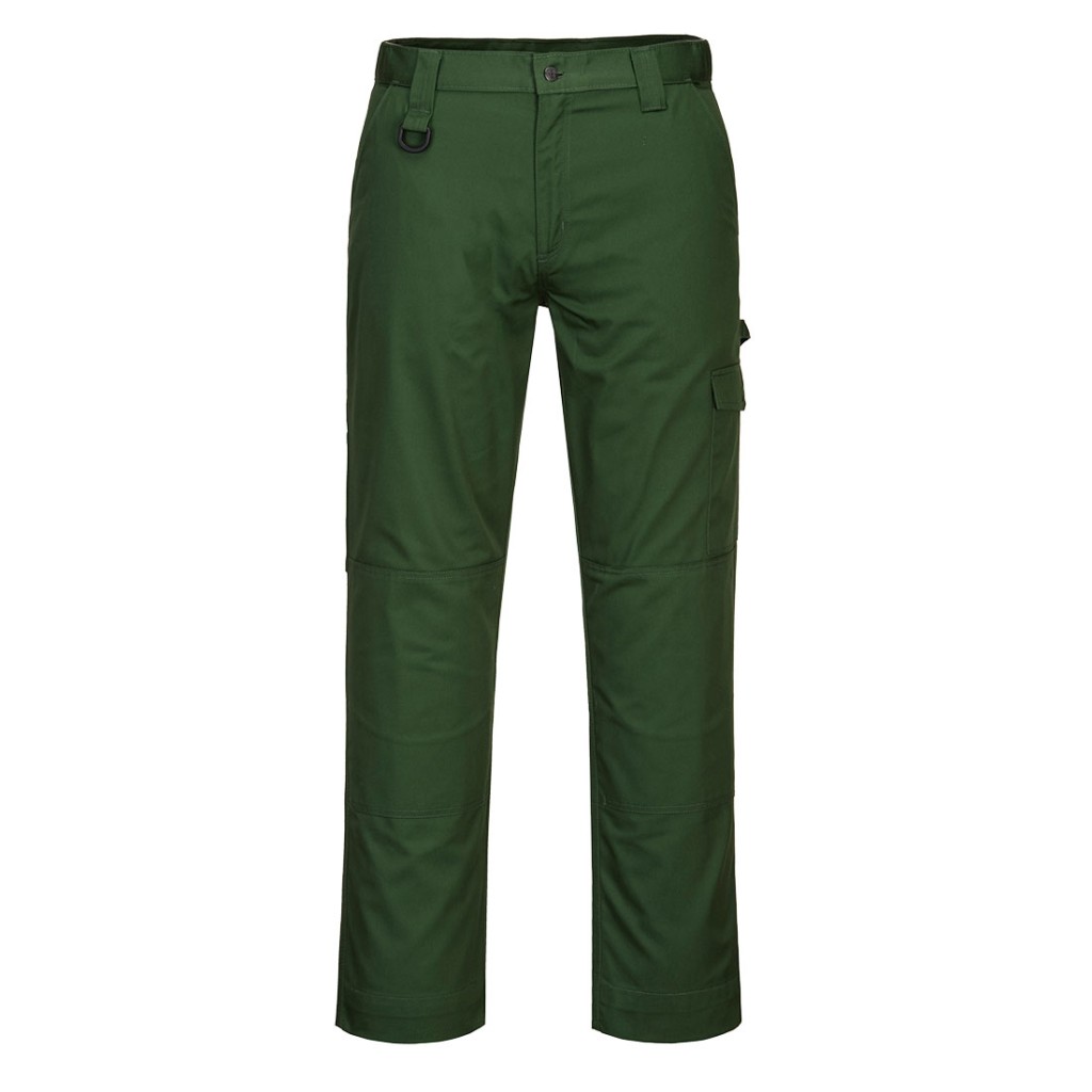 A pair of green work trousers designed for use on construction sites and in industrial work environments.,