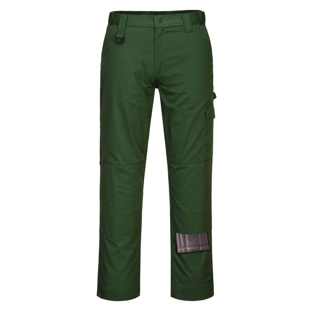 A pair of green work trousers designed for use on construction sites and in industrial work environments.,
