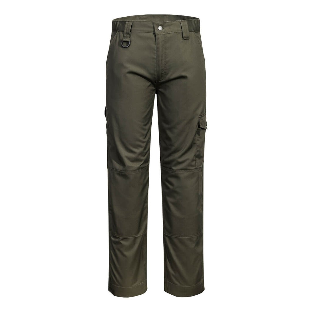 A pair of work trousers designed for use on construction sites and in industrial work environments.,