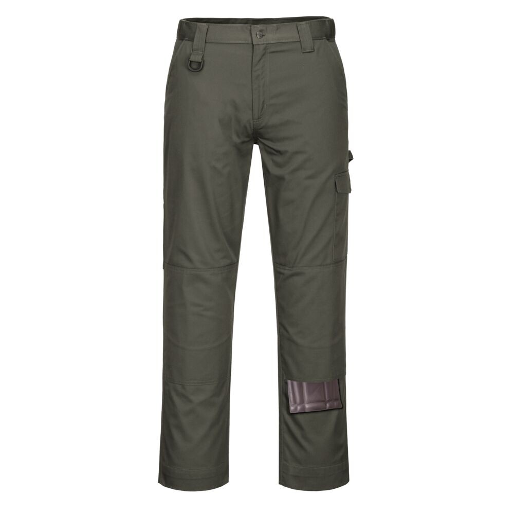 A pair of work trousers designed for use on construction sites and in industrial work environments.,