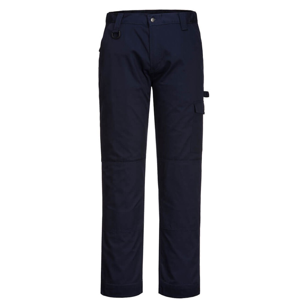 A pair of navy blue work trousers designed for use on construction sites and in industrial work environments.,