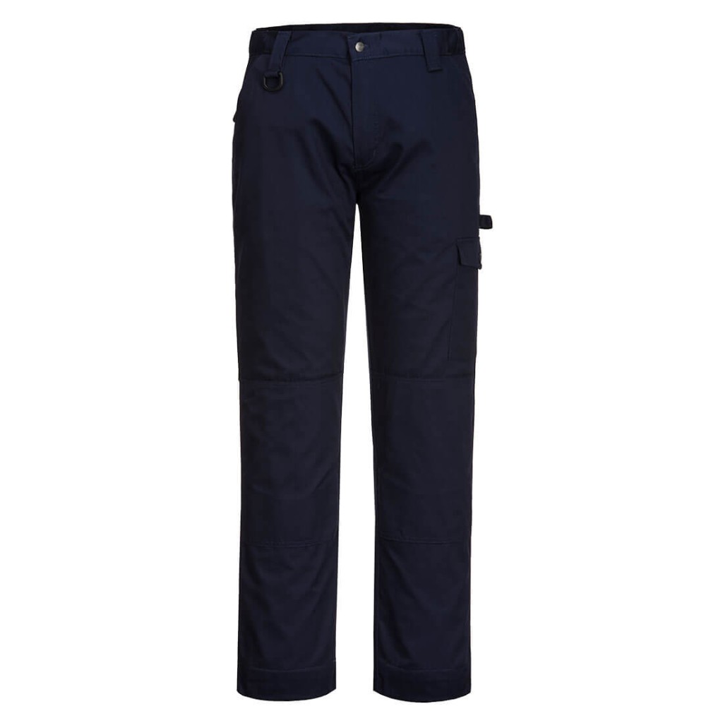 A pair of navy blue work trousers designed for use on construction sites and in industrial work environments.,
