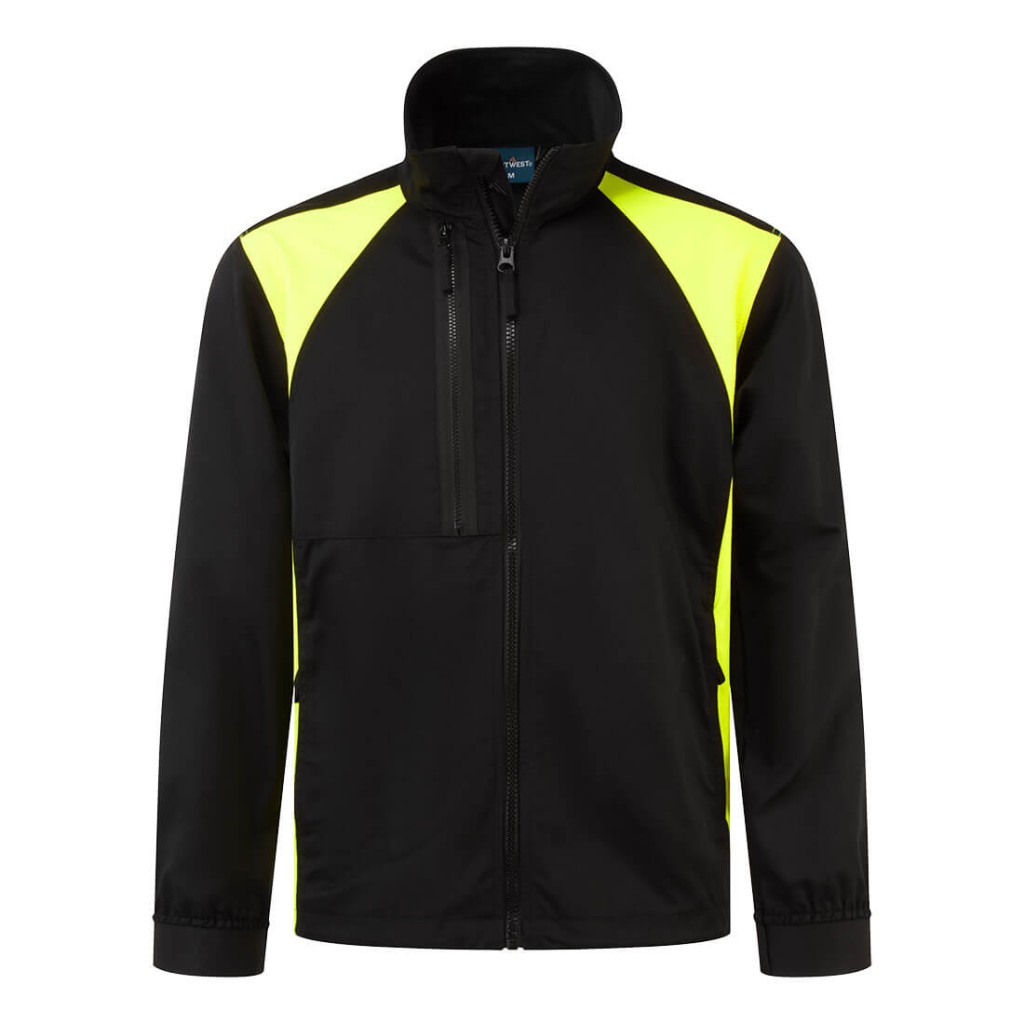 A black jacket featuring stretch panels for ease of movement, suitable for a wide range of outdoor and site work applications.