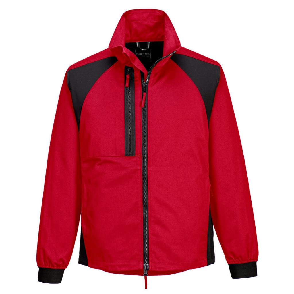 A red jacket featuring stretch panels for ease of movement, suitable for a wide range of outdoor and site work applications.