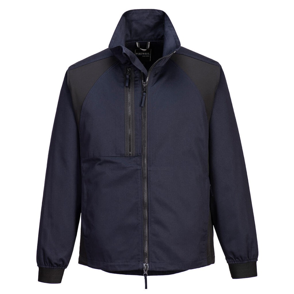 A navy blue jacket featuring stretch panels for ease of movement, suitable for a wide range of outdoor and site work applications.