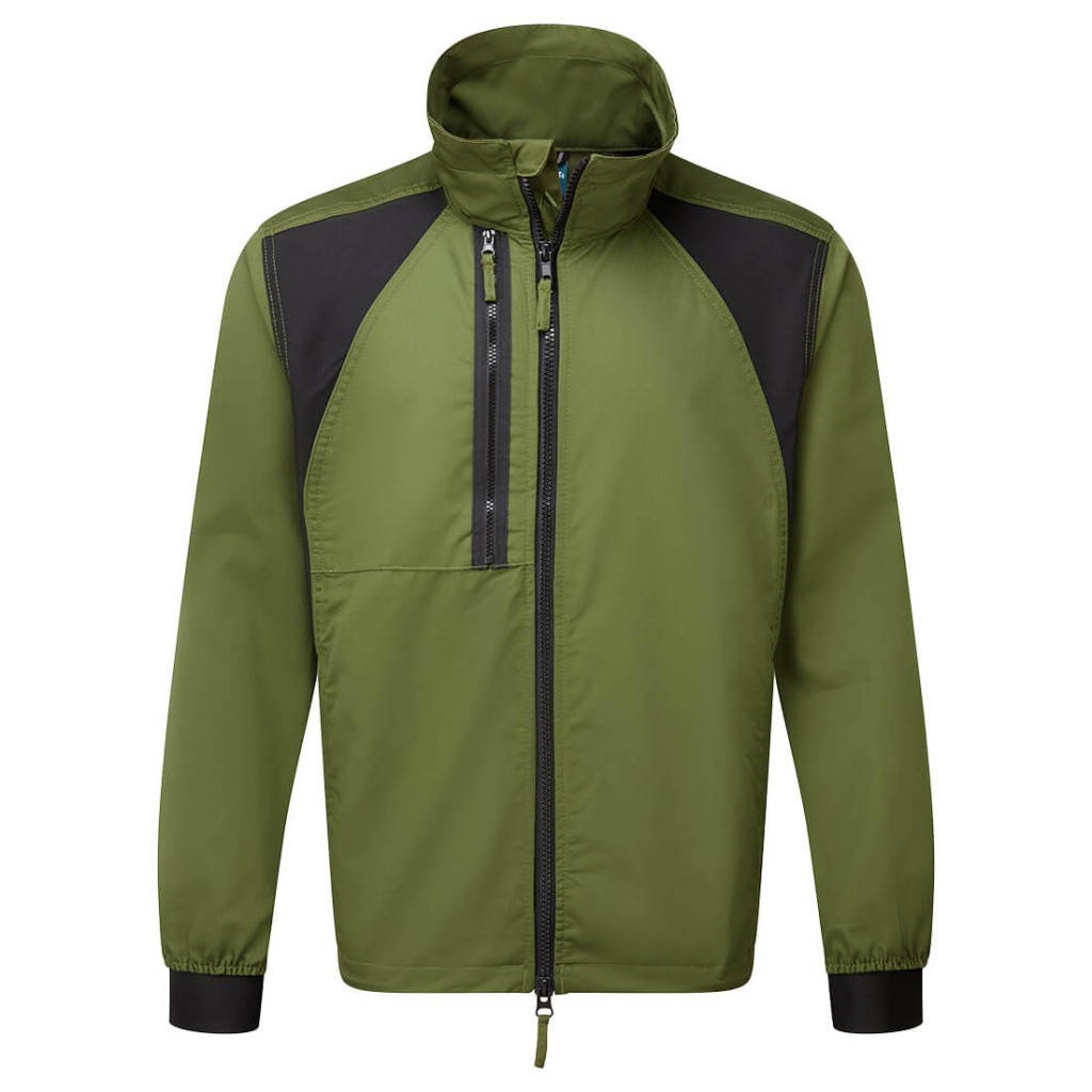 A green jacket featuring stretch panels for ease of movement, suitable for a wide range of outdoor and site work applications.